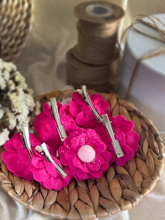 Hot Pink Flower Hair Clips Set of 6 - Foam Flowers with Sparkle & Pearl Centers