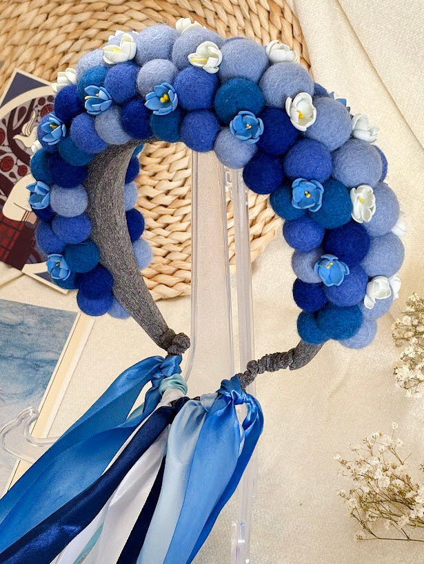 Sky Blue Wool Ball Flower Crown with Satin Ribbons