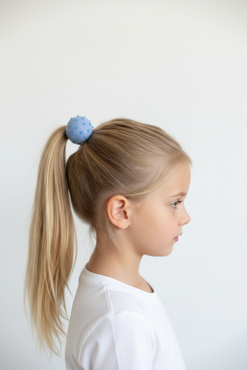 Light Blue Pom Pom Hair Ties, Set of 2, with Turquoise Beads