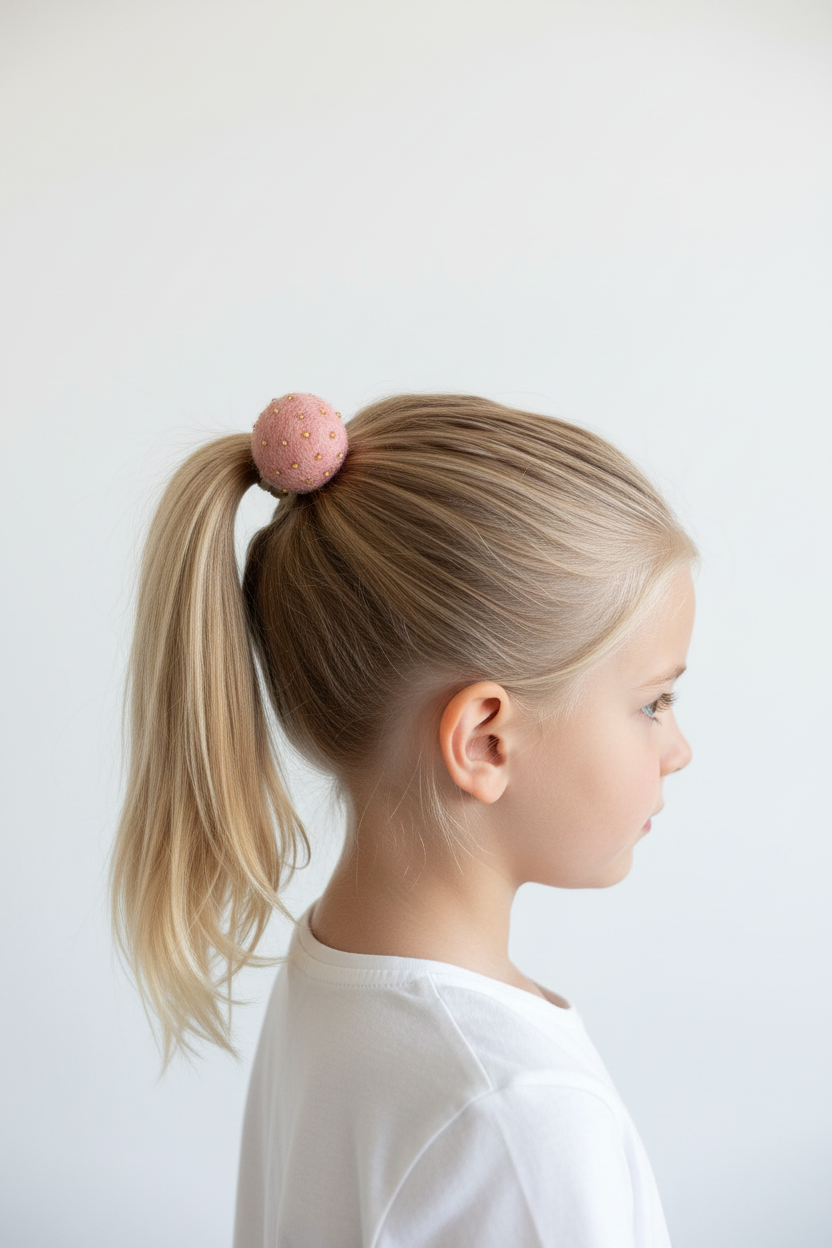 Powder Pink Pom Pom Hair Ties, Set of 2, with Gold Beads