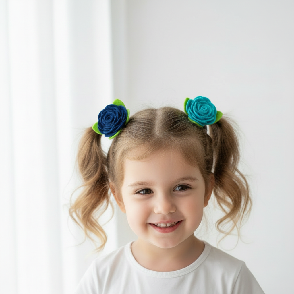 Blue Felt Rose Hair Ties, Set of 2