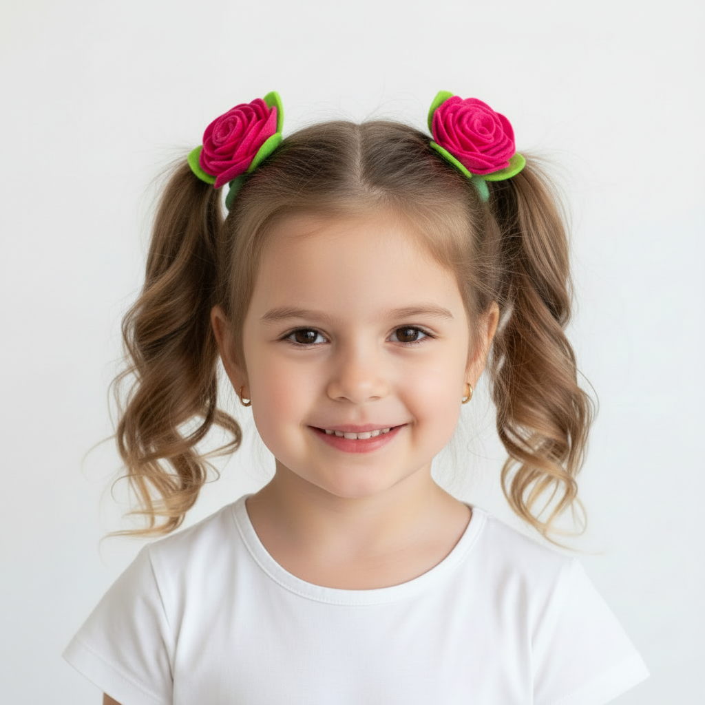 Hot Pink Felt Rose Hair Ties, Set of 2, with Green Leaves