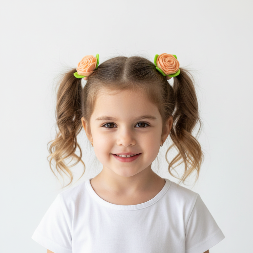 Peach Felt Rose Hair Ties, Set of 2, with Green Leaves