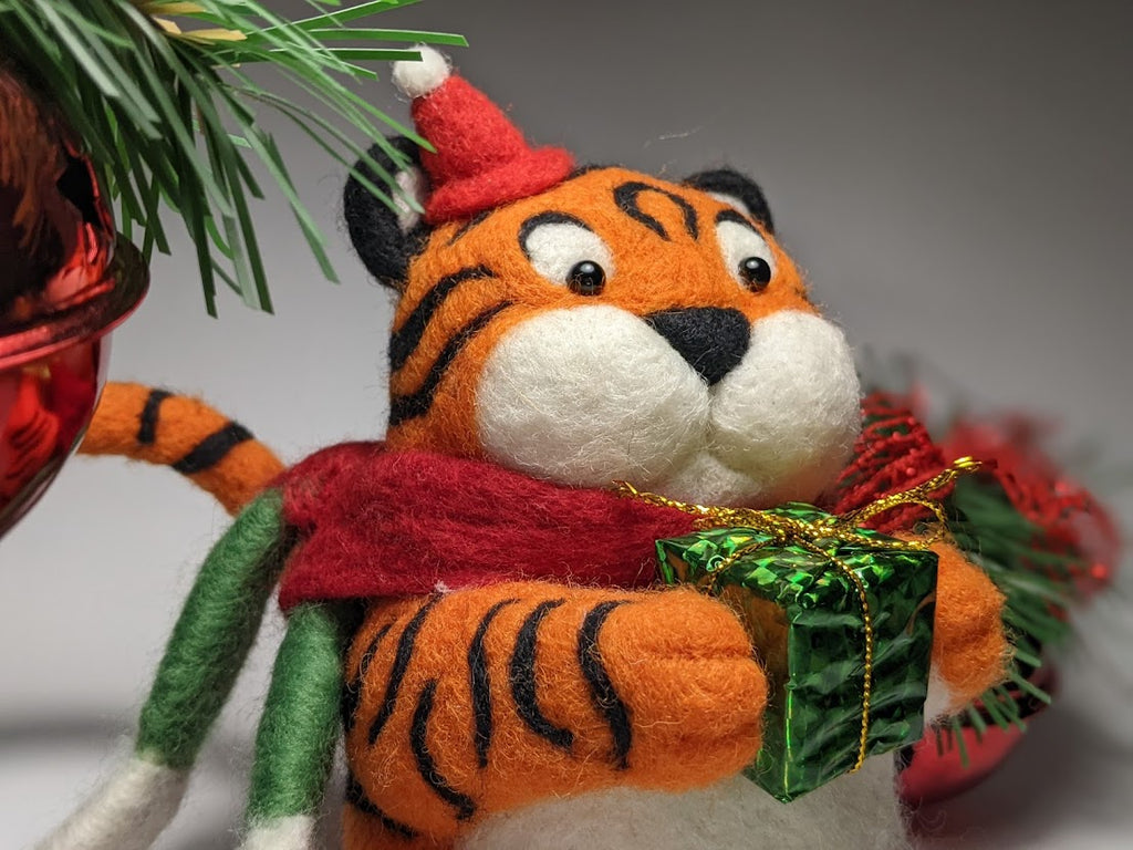 Christmas Tiger with Gift Sculpture