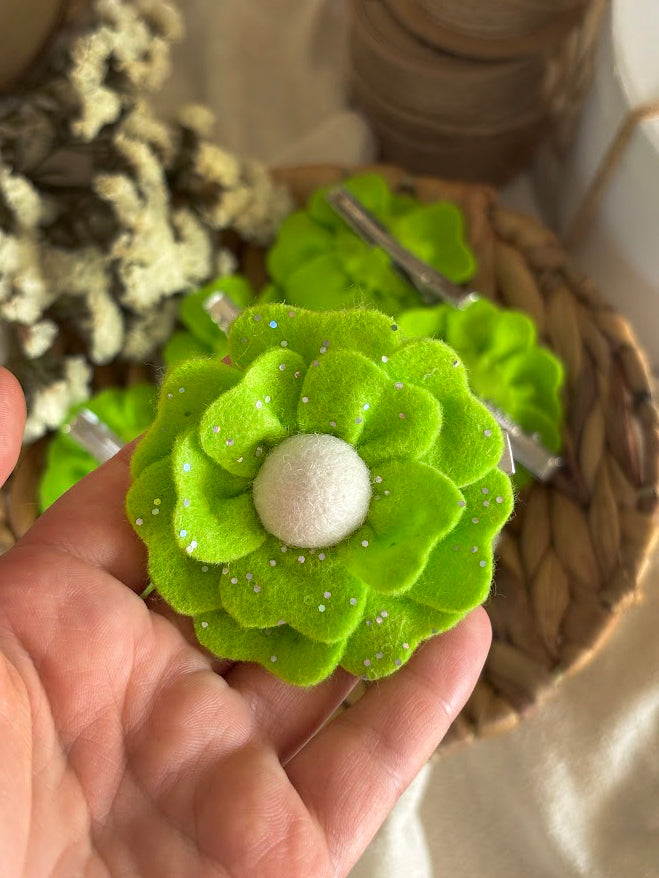 Lime Green Flower Hair Clips Set of 6 - Foam Flowers with Sparkle