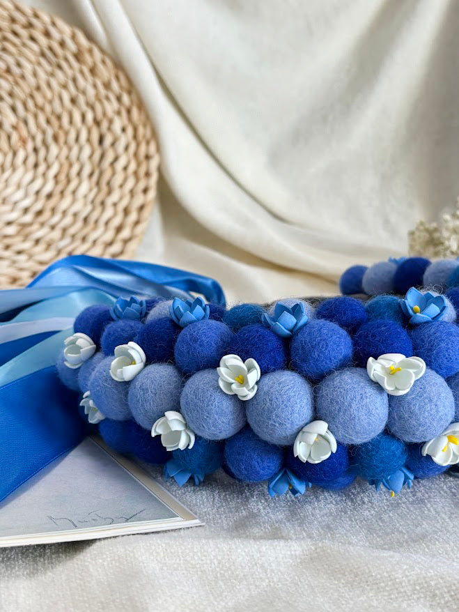 Sky Blue Wool Ball Flower Crown with Satin Ribbons