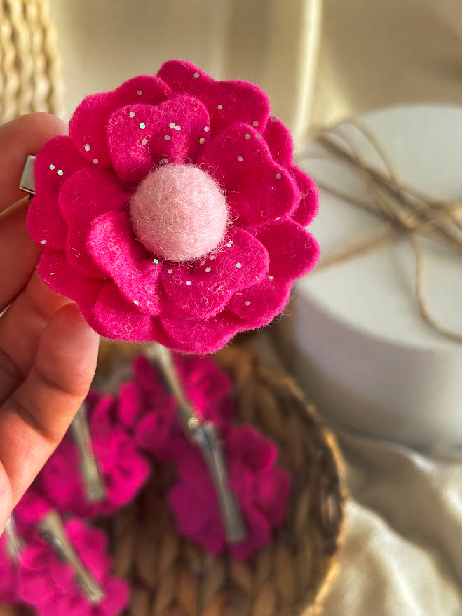 Hot Pink Flower Hair Clips Set of 6 - Foam Flowers with Sparkle & Pearl Centers