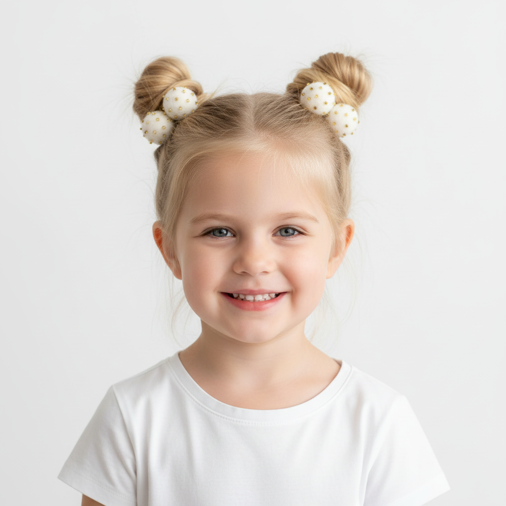 White Pom Pom Hair Ties, Set of 2, with Gold Beads