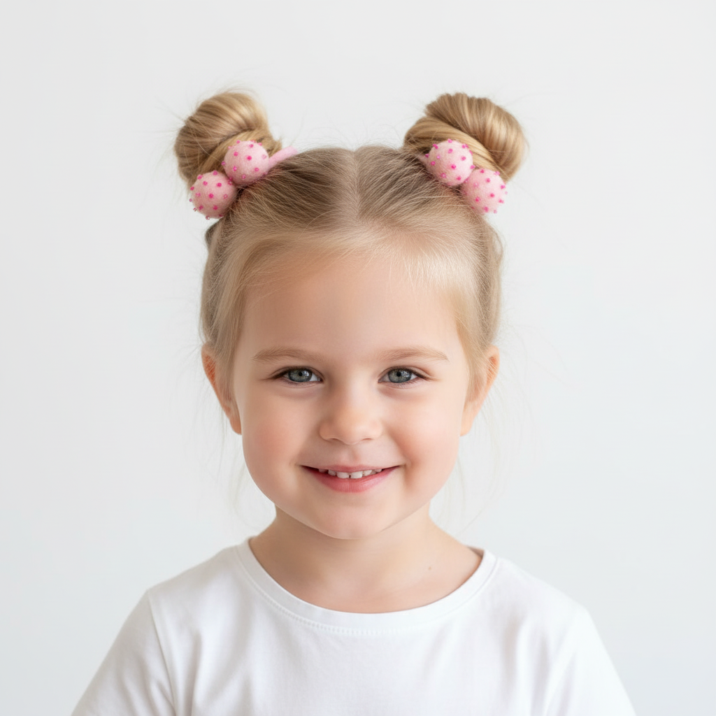 Soft Pink Pom Pom Hair Ties, Set of 2, with Magenta Beads