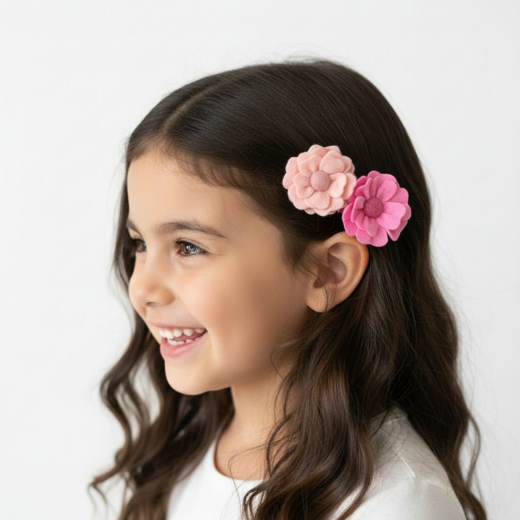 Pink Flower Hair Clips Set of 6 - Soft Foam Flowers with Pearl Centers