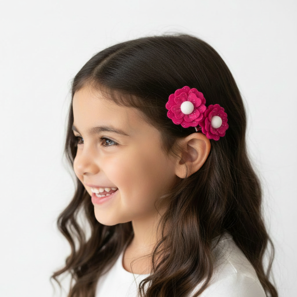 Hot Pink Flower Hair Clips Set of 6 - Foam Flowers with Sparkle & Pearl Centers