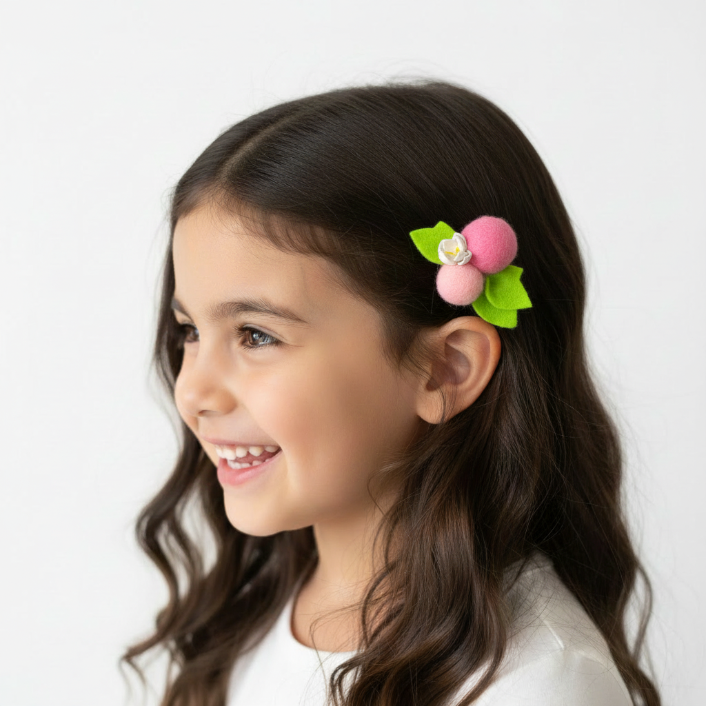 Berry Hair Clips Set of 2 - Wool Pom Poms with Foam Flowers