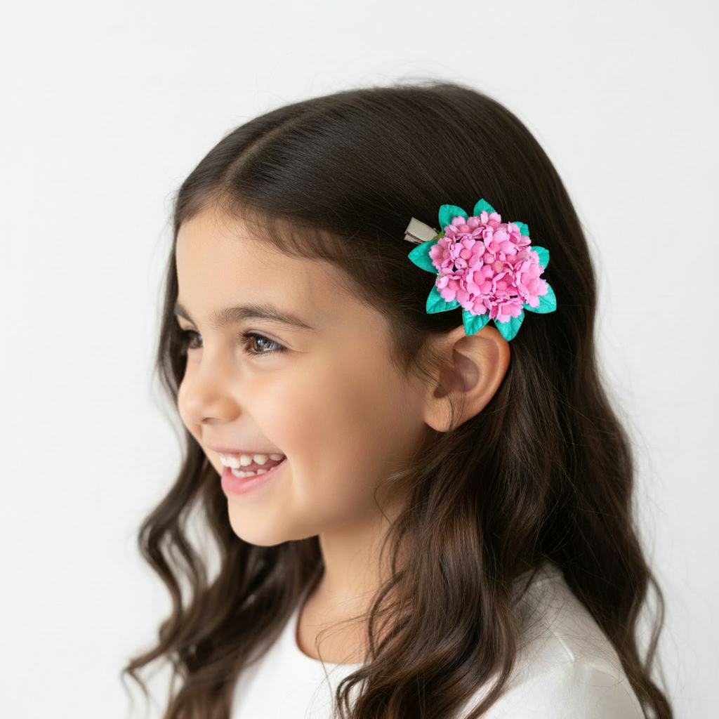 Flower Hair Clips Set of 2 - Pink & White Foam Flowers with Turquoise Leaves