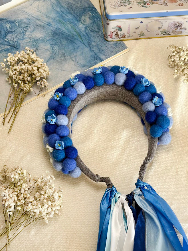 Sky Blue Wool Ball Flower Crown with Satin Ribbons