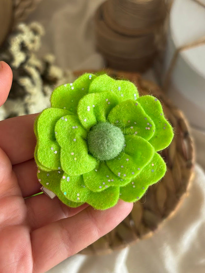 Lime Green Flower Hair Clips Set of 6 - Foam Flowers with Sparkle