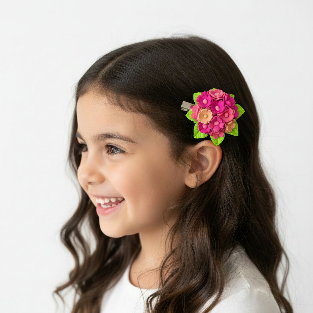 Flower Bouquet Hair Clip - Pink & Peach Foam Flowers with Green Leaves