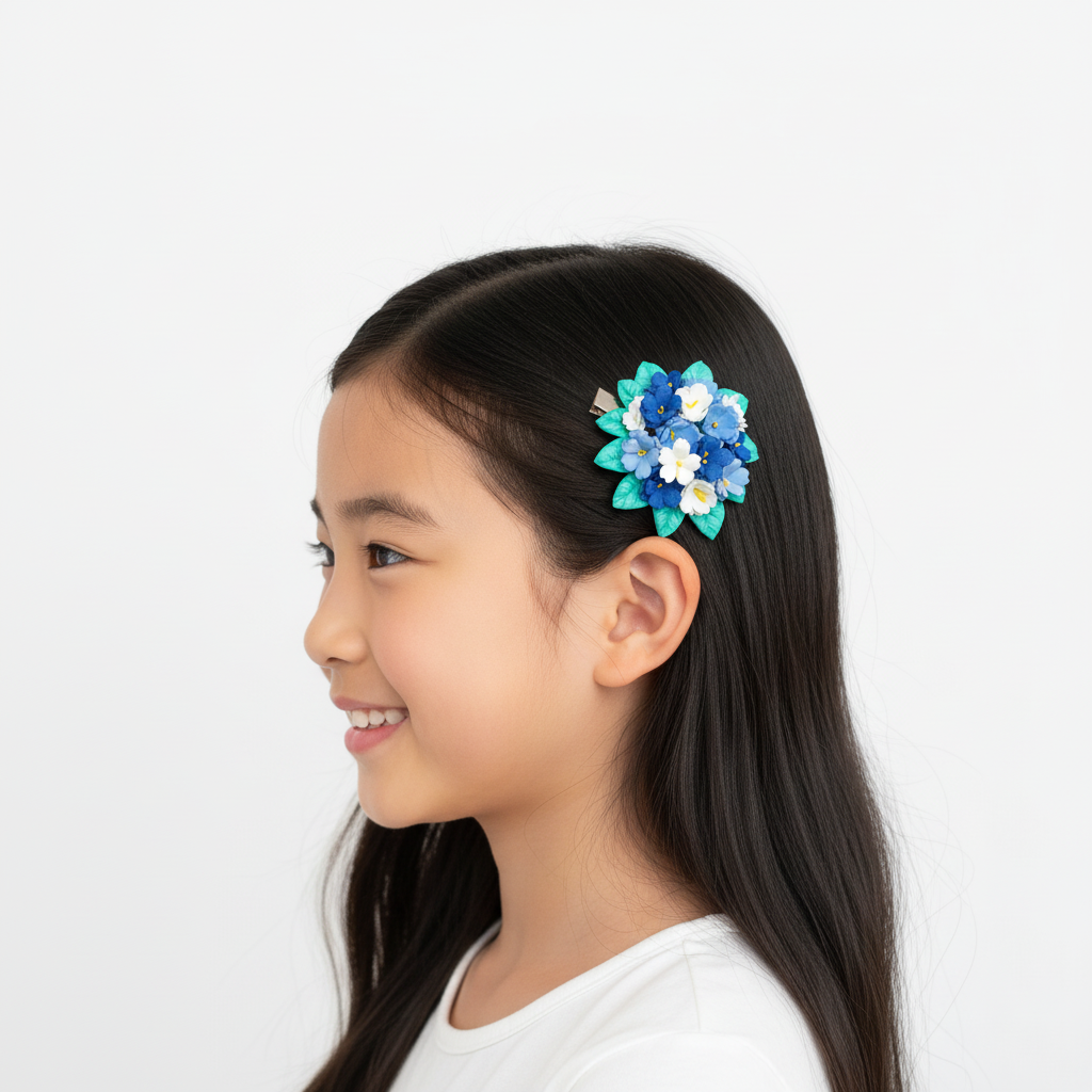 Flower Bouquet Hair Clip - Blue & White Foam Flowers with Turquoise Leaves