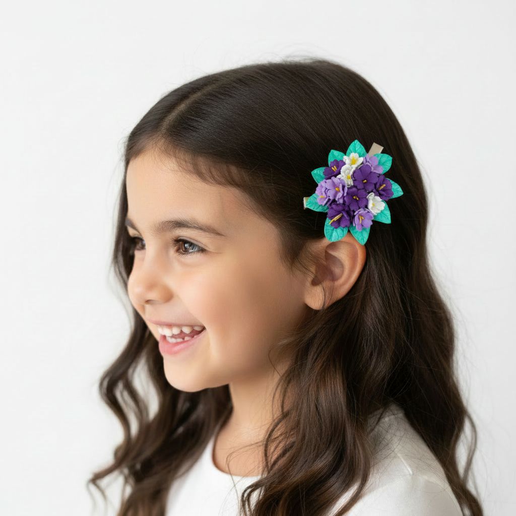 Violet Hair Clips Set of 2 - Purple & White Foam Violets with Turquoise Leaves