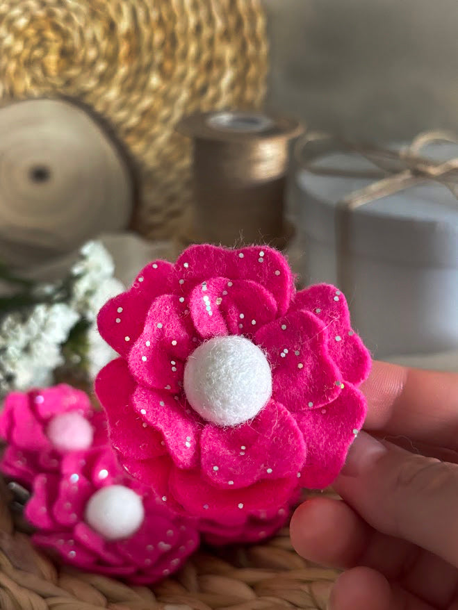 Hot Pink Flower Hair Clips Set of 6 - Foam Flowers with Sparkle & Pearl Centers