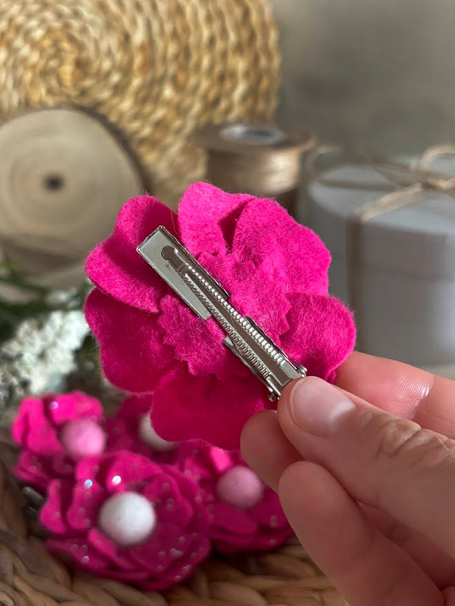 Hot Pink Flower Hair Clips Set of 6 - Foam Flowers with Sparkle & Pearl Centers