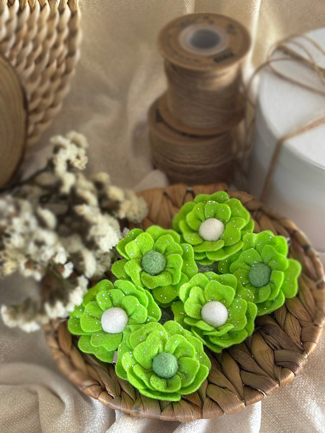 Lime Green Flower Hair Clips Set of 6 - Foam Flowers with Sparkle