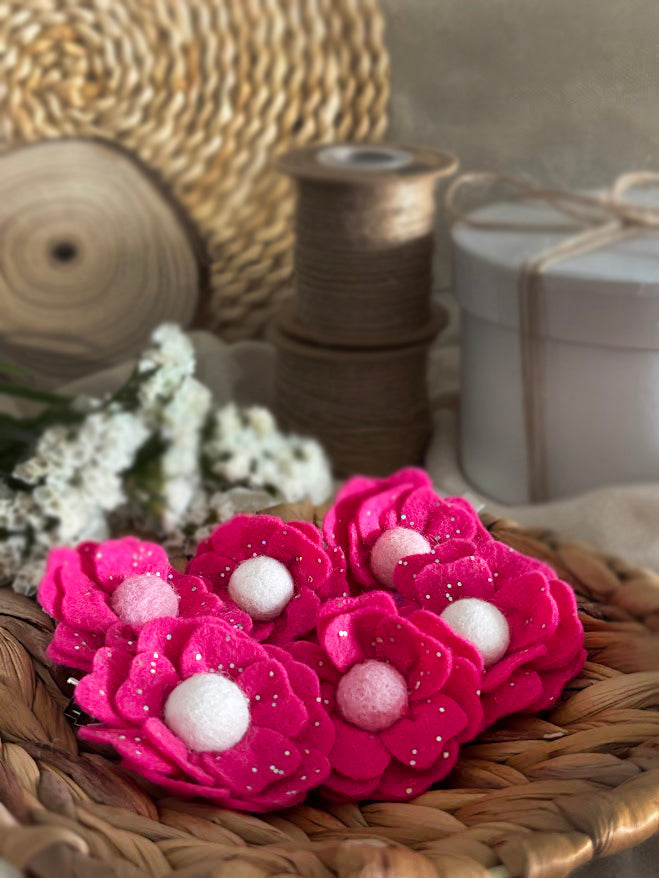 Hot Pink Flower Hair Clips Set of 6 - Foam Flowers with Sparkle & Pearl Centers