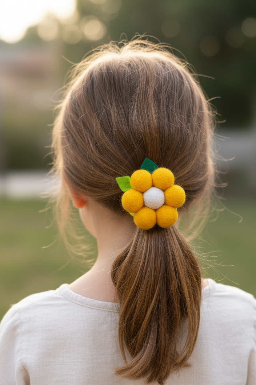 Handmade Wool Ball Flower Hair Scrunchie - Yellow & White