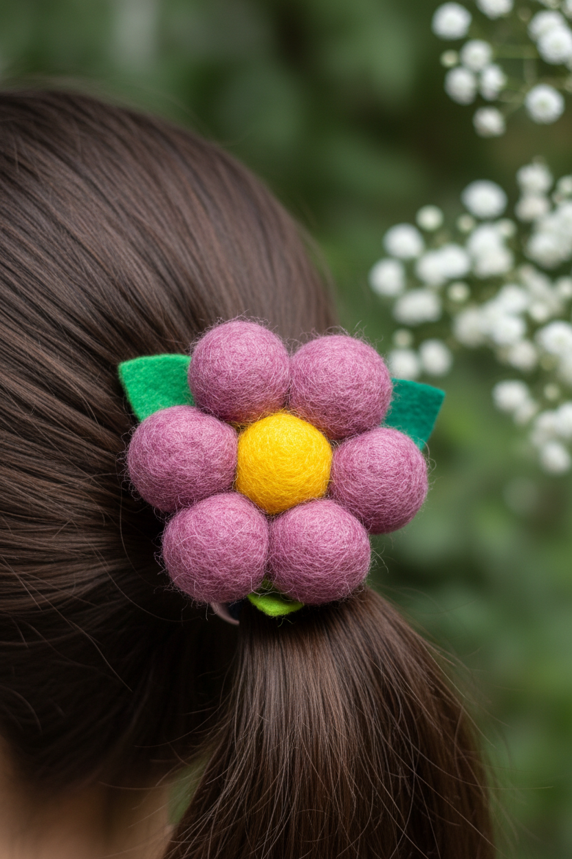 Handmade Wool Ball Flower Hair Scrunchie - Mauve
