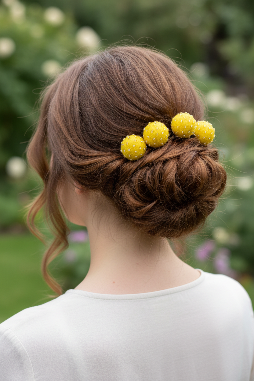 Beaded Hair Pins Set - Yellow Wool Balls (10 pcs)
