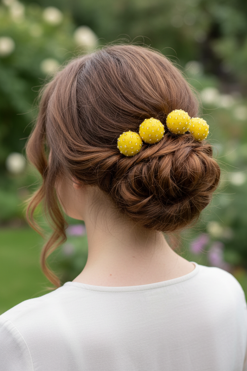 Beaded Hair Pins Set - Yellow Wool Balls (10 pcs)