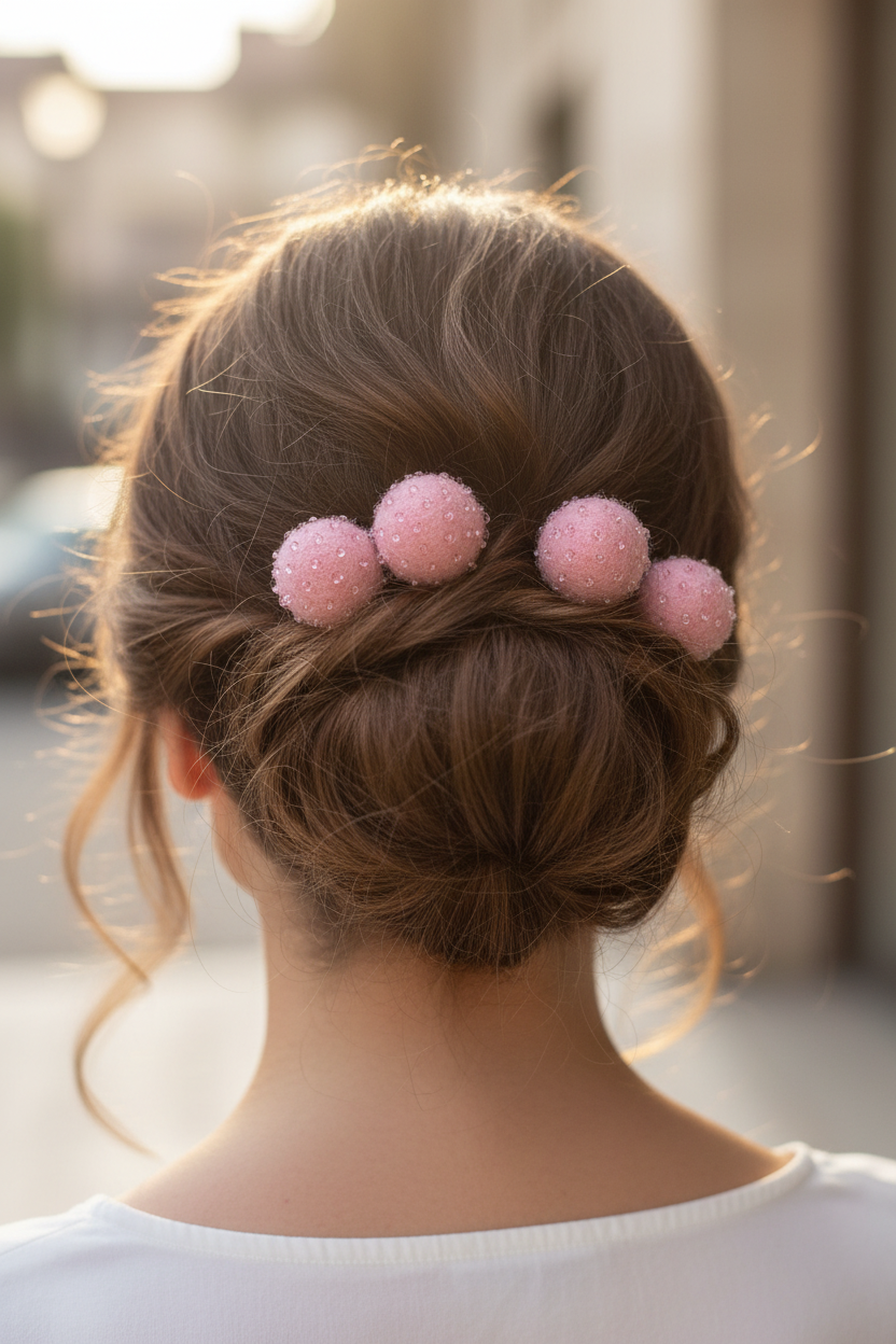 Beaded Hair Pins Set - Soft Pink Wool Balls (10 pcs)