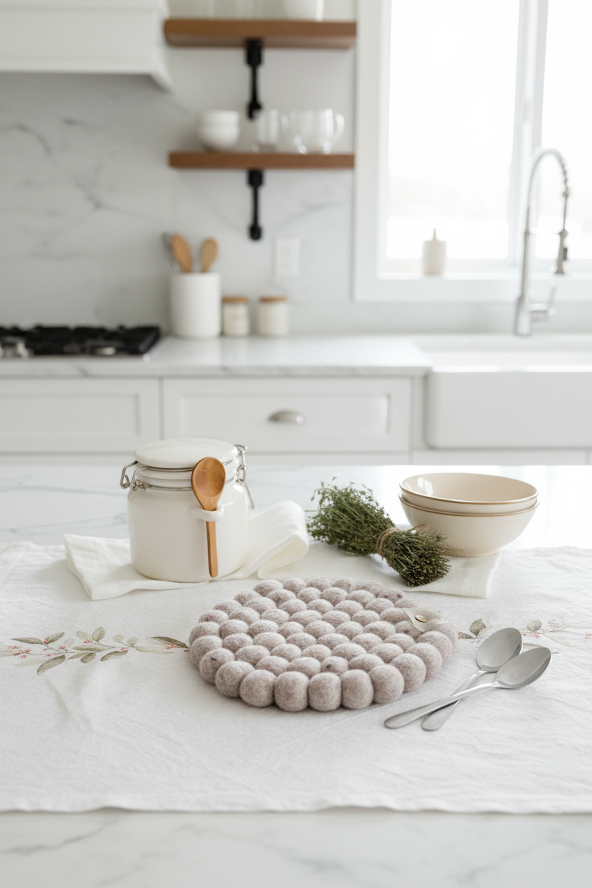 Handmade Wool Trivets - Round Beige Melange