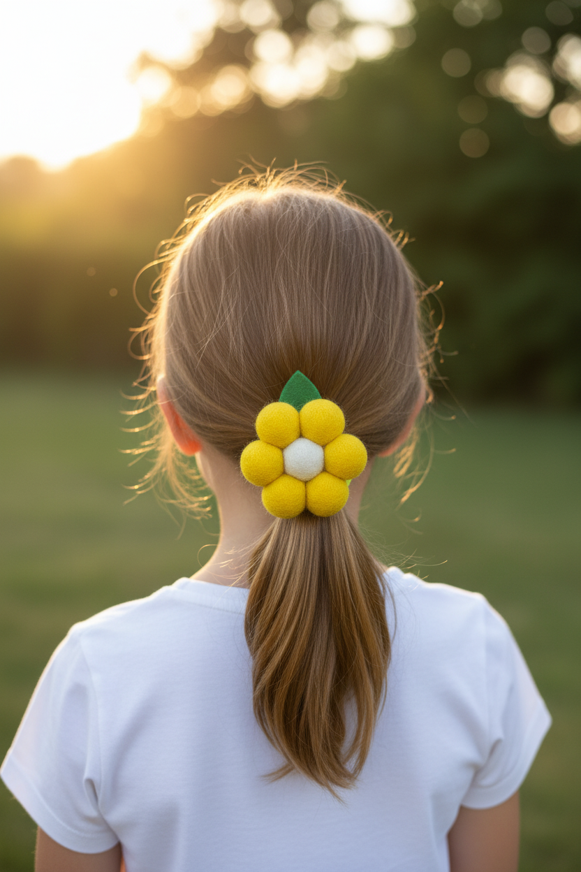 Handmade Wool Ball Flower Hair Scrunchie - Lemon Yellow