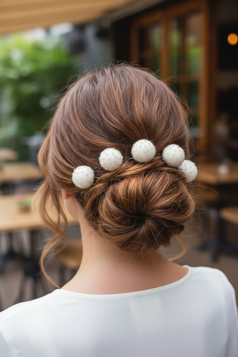 Beaded Hair Pins Set - White Wool Balls (10 pcs)