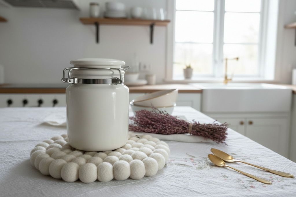 Wool Ball Trivet - Natural White Round shape