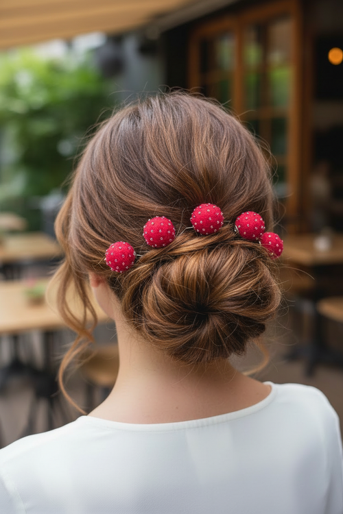 Beaded Hair Pins Set - Raspberry Wool Balls (10 pcs)