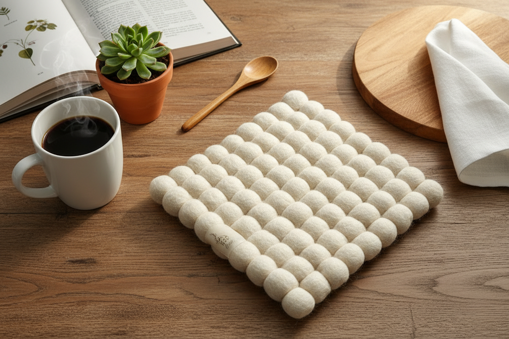 Wool Ball Trivet - Natural White Square shape