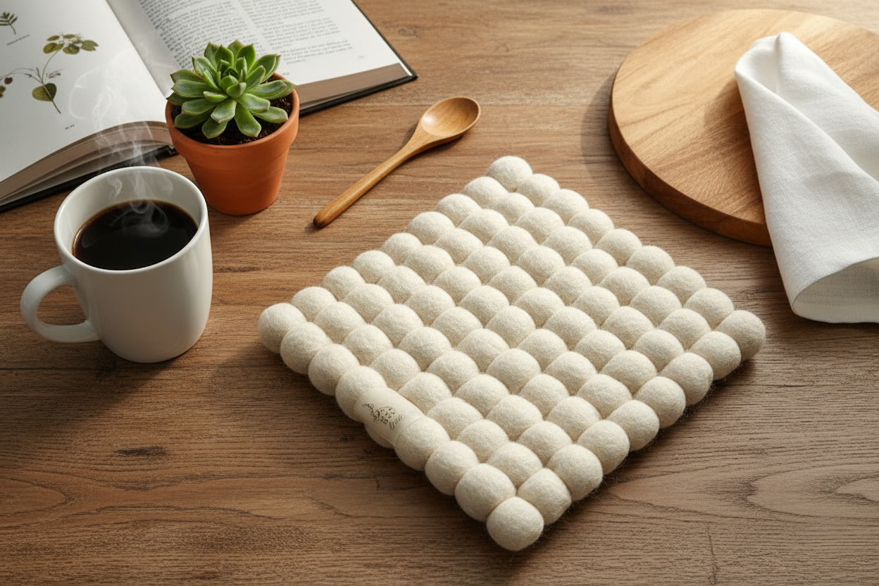 Wool Ball Trivet - Natural White Square shape