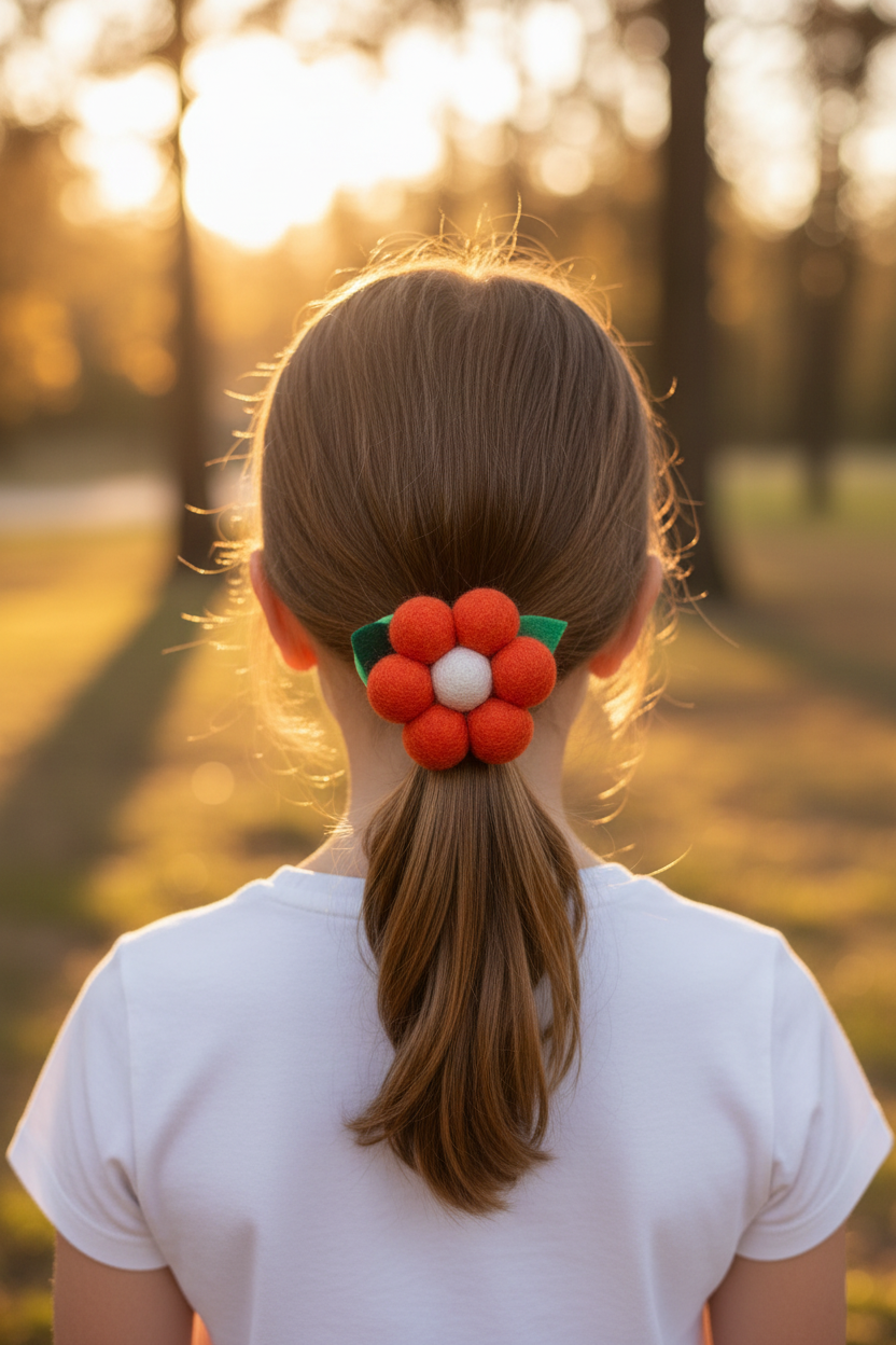 Handmade Wool Ball Flower Hair Scrunchie - Orange