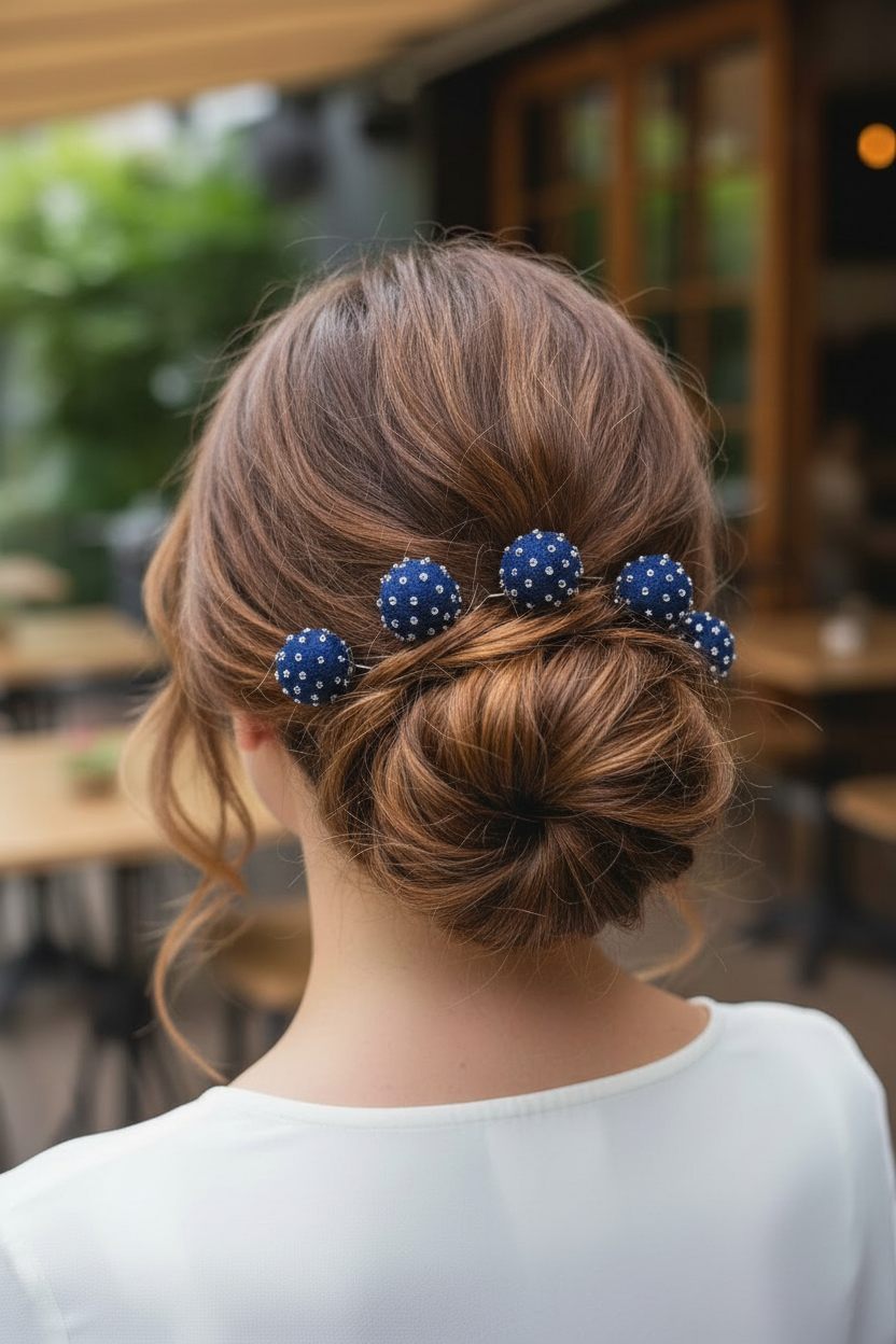 Beaded Hair Pins Set - Navy Blue Wool Balls (10 pcs)