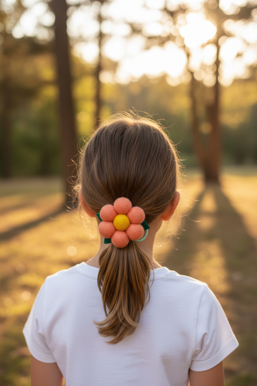 Handmade Wool Ball Flower Hair Scrunchie - Peach