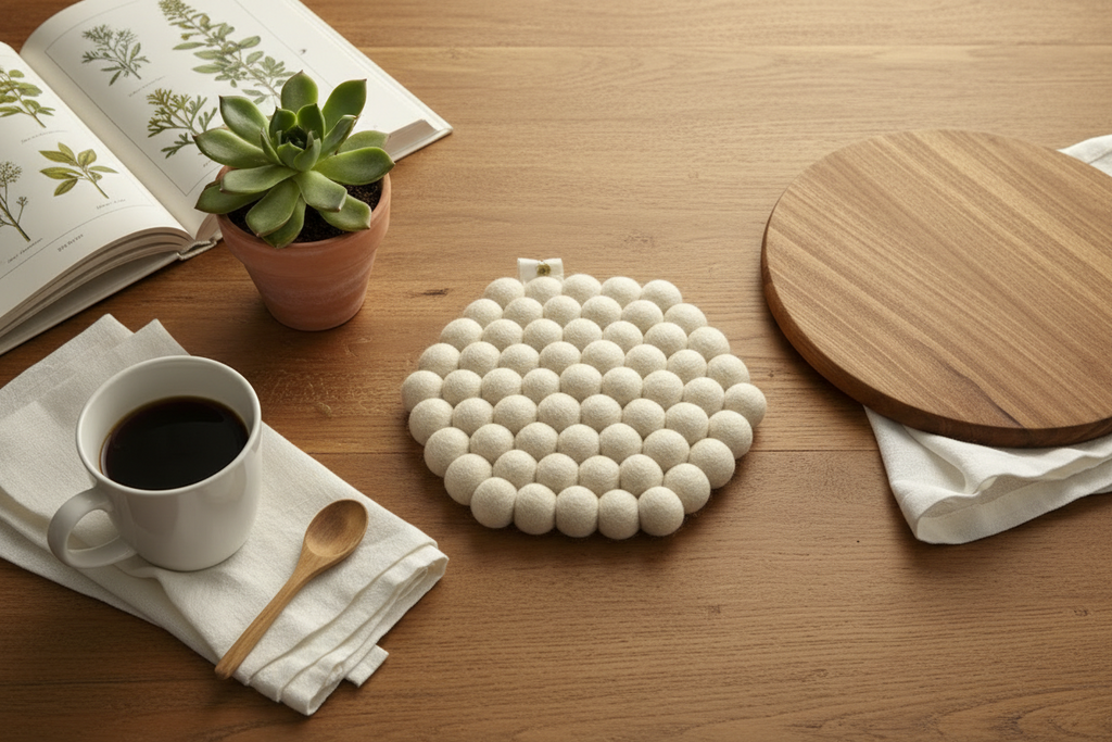 Wool Ball Trivet - Natural White Hexagon shape