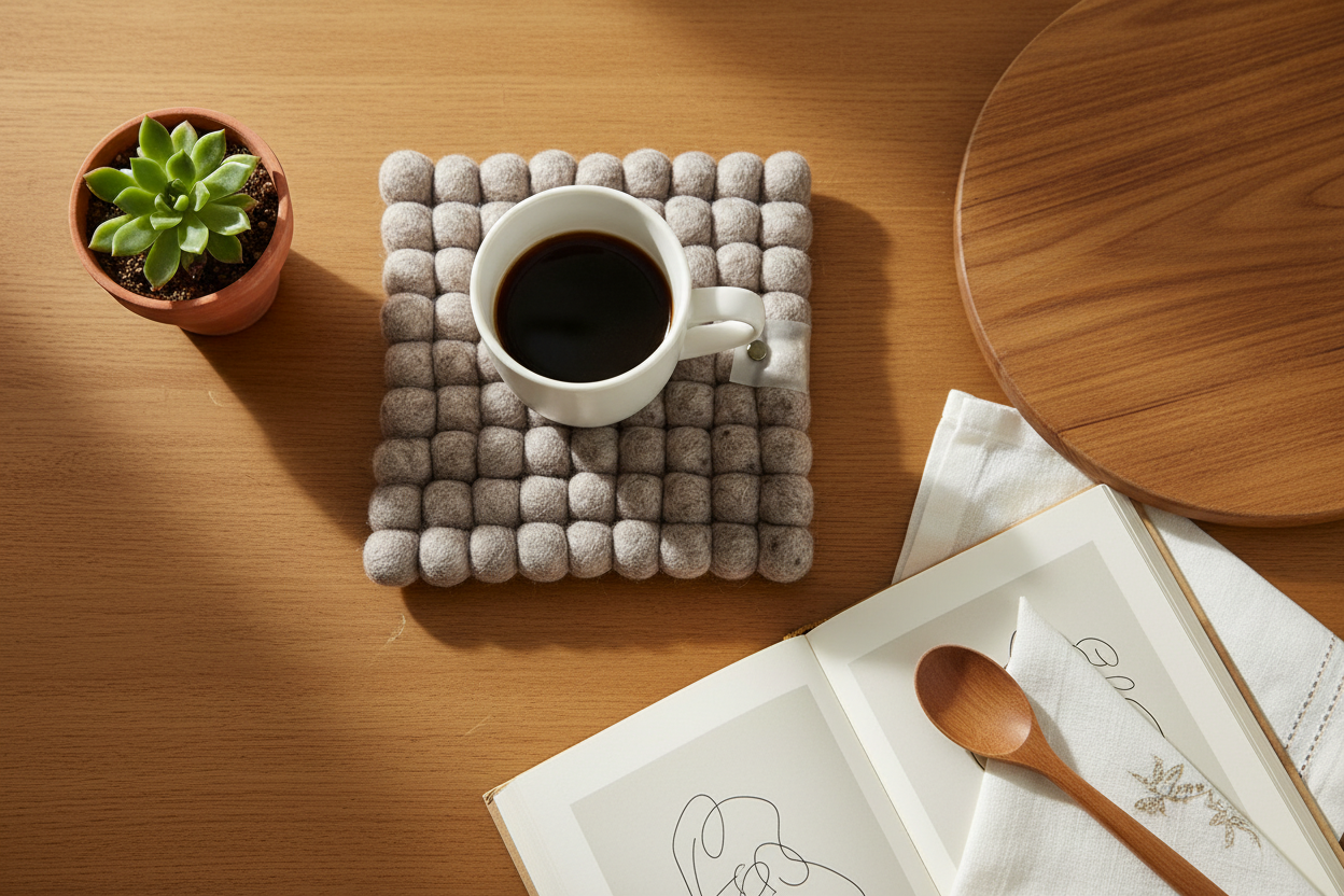 Handmade Wool Trivets - Square Beige Melange