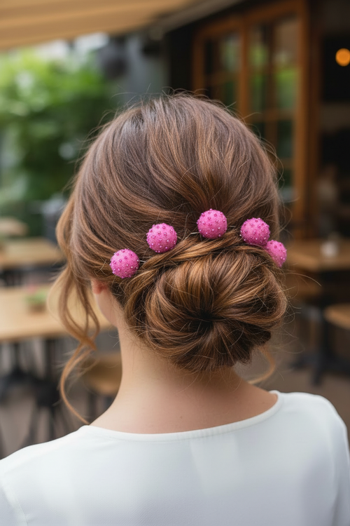 Beaded Hair Pins Set - Pink Purple Wool Balls (10 pcs)