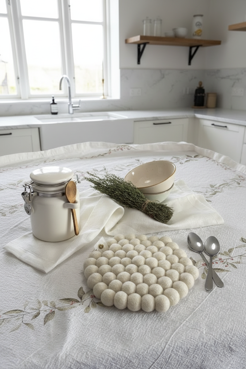 Wool Ball Trivet - Natural White Hexagon shape