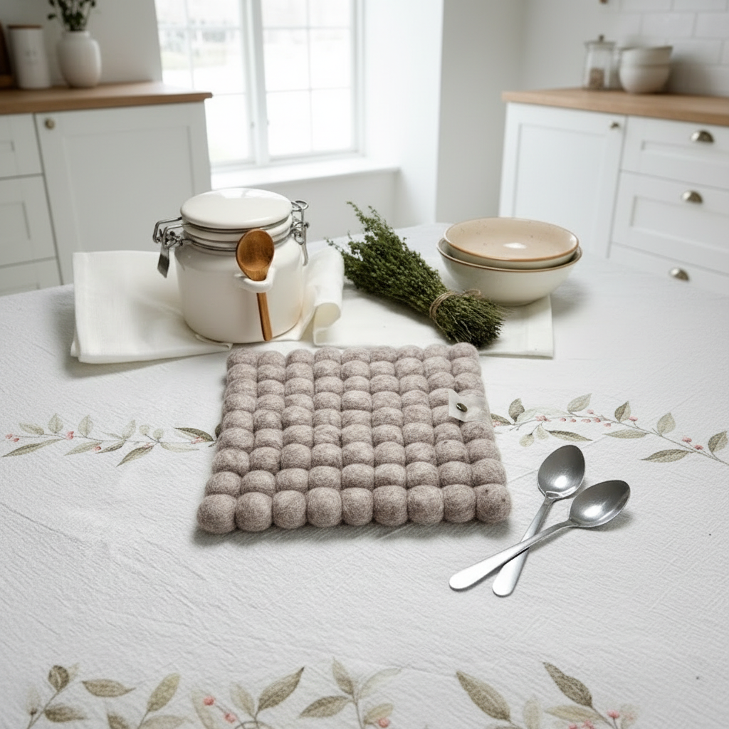 Handmade Wool Trivets - Square Beige Melange