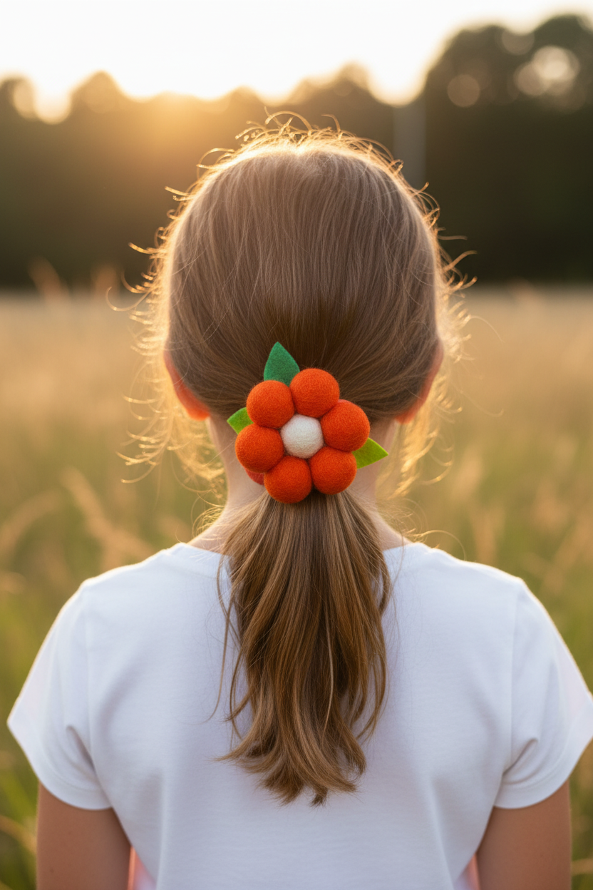 Handmade Wool Ball Flower Hair Scrunchie - Bright Orange