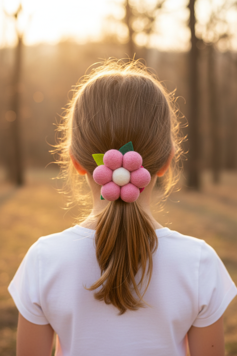 Handmade Wool Ball Flower Hair Scrunchie - Dust Pink