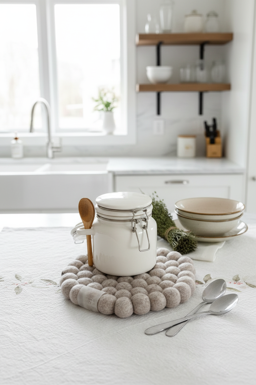 Handmade Wool Trivets - Hexagon Beige Melange