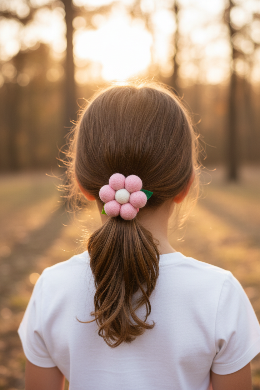 Handmade Wool Ball Flower Hair Scrunchie - Baby Pink